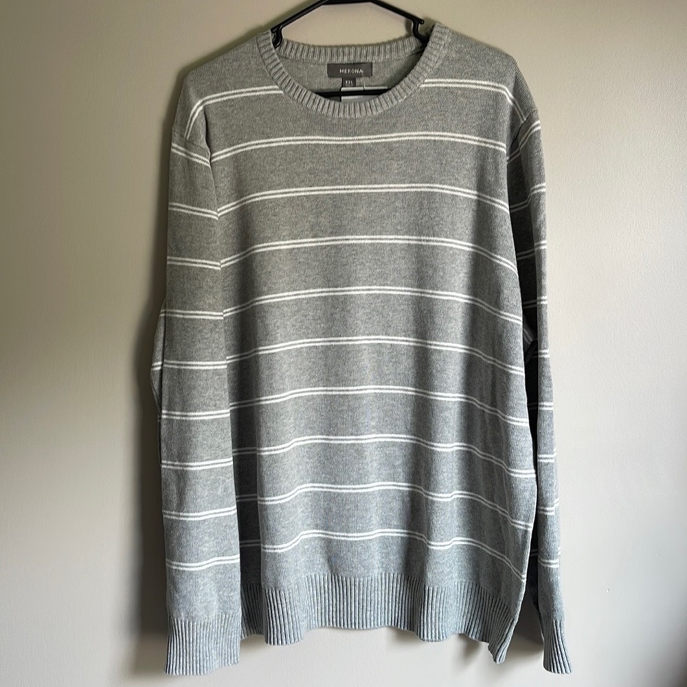 Men’s100% Cotton Gray & White Striped Long Sleeve Crewneck Knit Pullover XXL